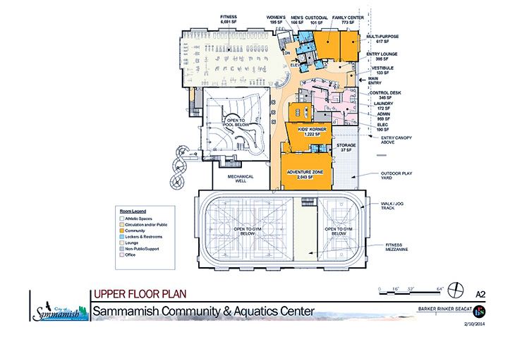 upper floor plan for Sammamish Community And Aquatic Center, showing community spaces and fitness areas