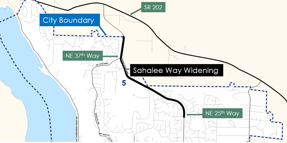 illustrated map showing the location of Sahalee Road widening, from the northern City boundary south to NE 25th Way