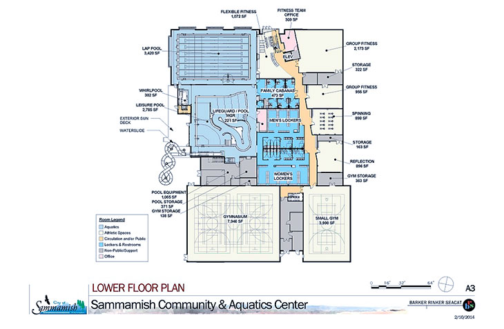 Lower Floor Plan for Sammamish Community And Aquatic Center, with cabanas, lockers, fitness, leisure pool, gyms, lap pool and more